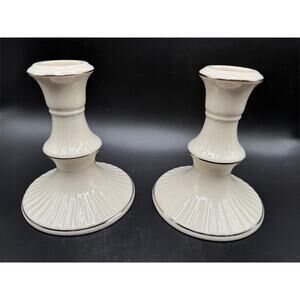 Lenox Ivory Candlestick Holders with Platinum Trim – Set of 2 with Box USA Made